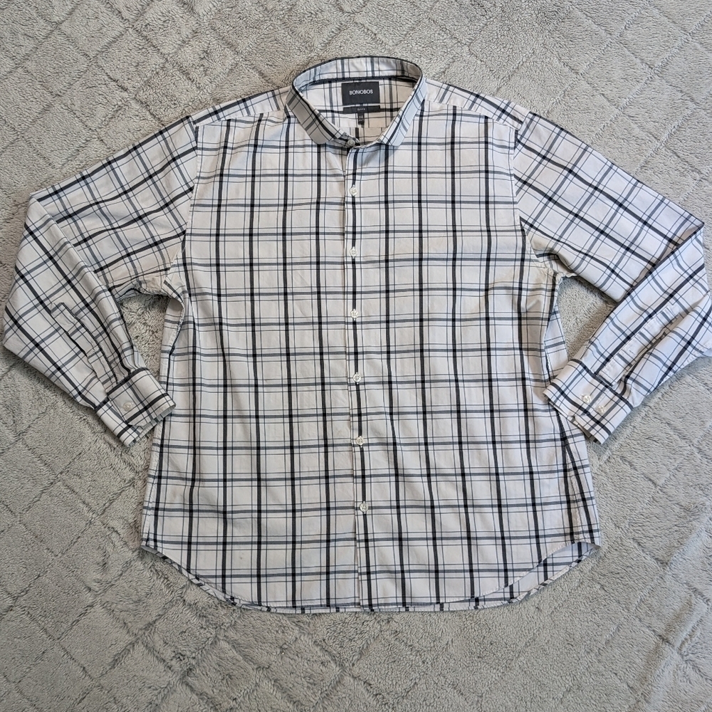 Bonobos Slim Fit Plaid Button Up Shirt Mens XXL White Blue Long Sleeve